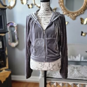 Vintage Y2K Indie Sleaze Gray Velvet Zip-Up Hoodie Large